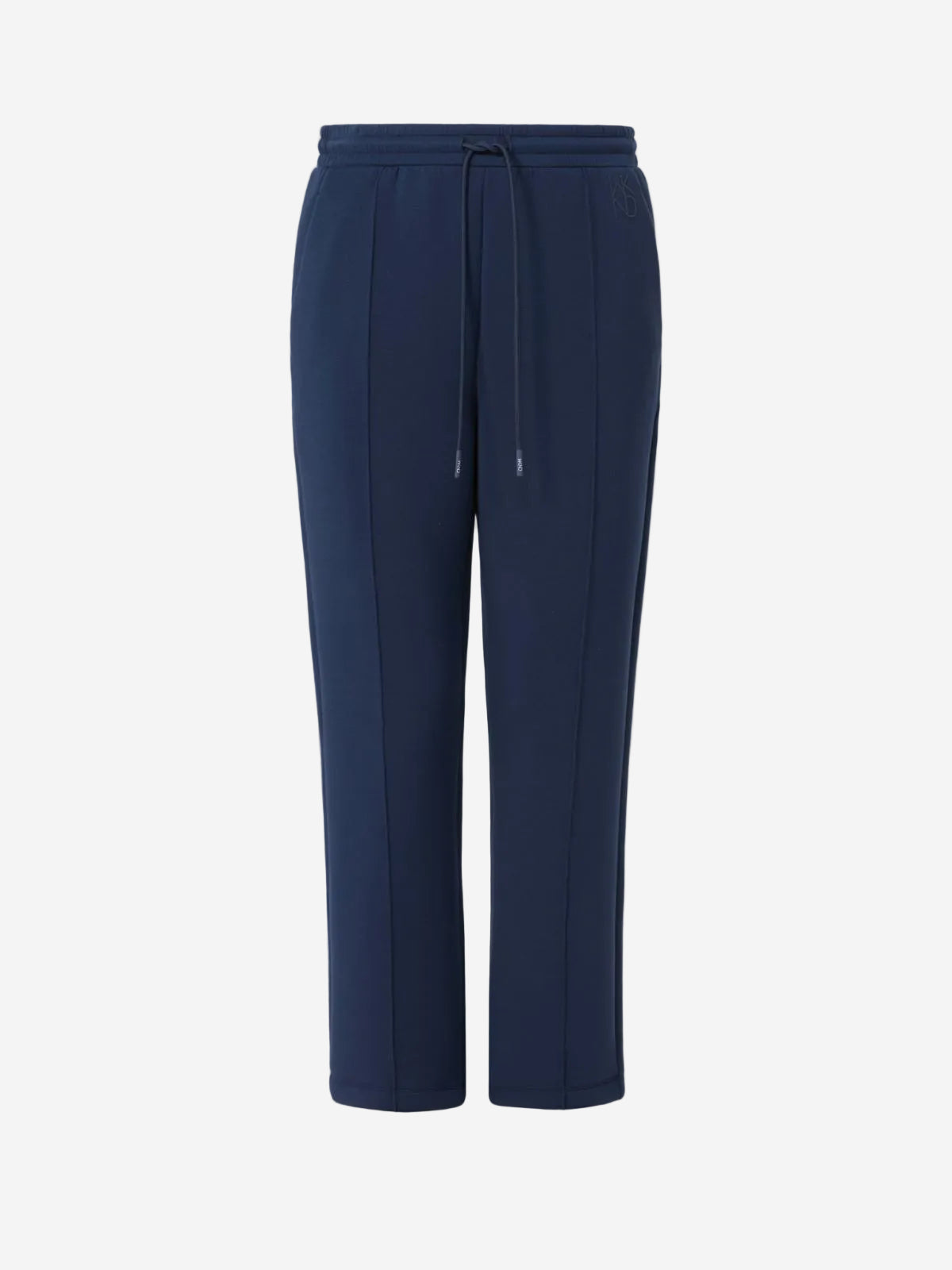 Navy blue pants with a drawstring on a light gray background