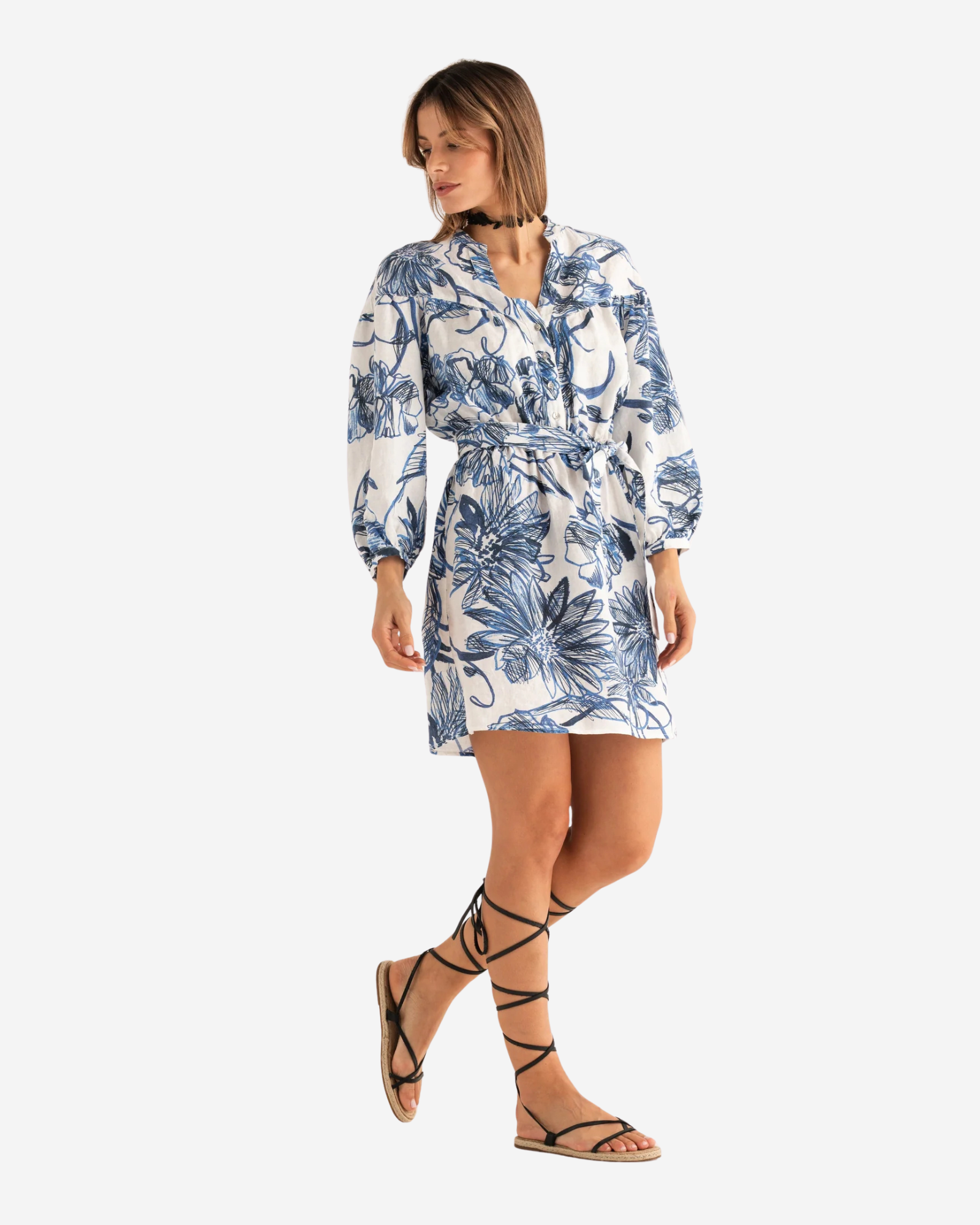 Printed Linen Midi Dress Washed Blue