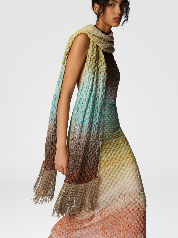 Fringed viscose lamé lace stole