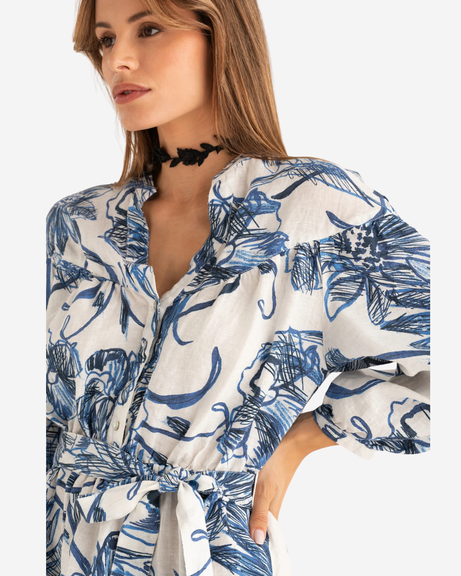 Printed Linen Midi Dress Washed Blue