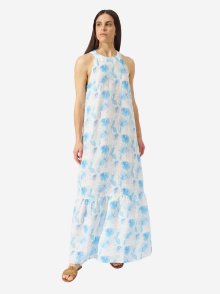 Floral Sleeveless Halter Neck Maxi Dress  MULTI BLUE/WHITE
