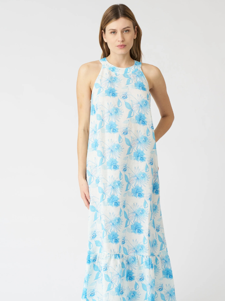 Floral Sleeveless Halter Neck Maxi Dress  MULTI BLUE/WHITE