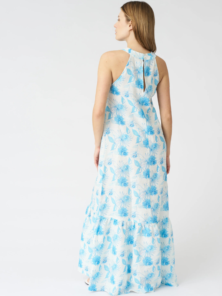 Floral Sleeveless Halter Neck Maxi Dress  MULTI BLUE/WHITE