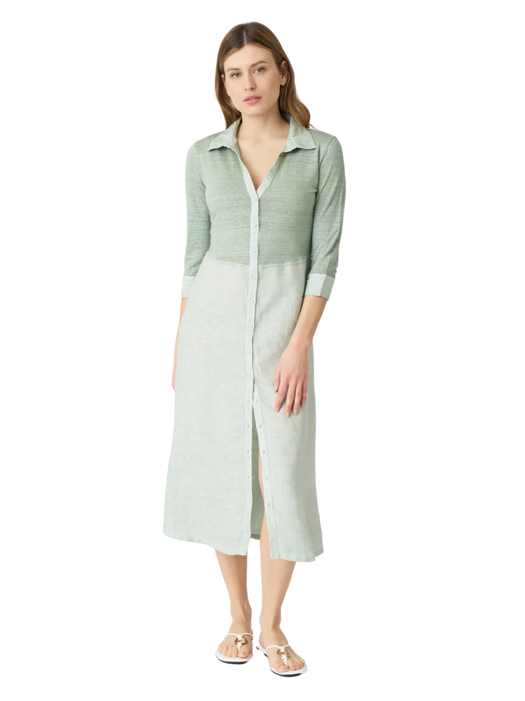 3/4 Sleeve Midi Shirt Dress  GREEN