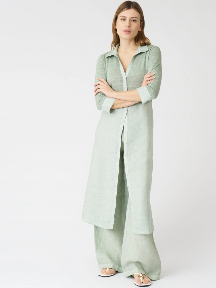 3/4 Sleeve Midi Shirt Dress  GREEN