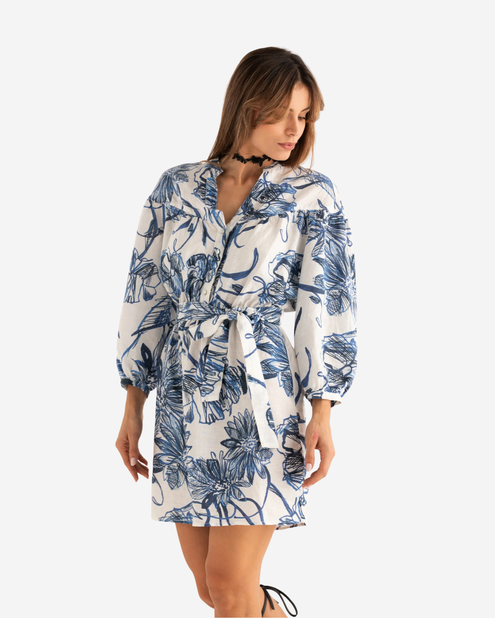 Printed Linen Midi Dress Washed Blue