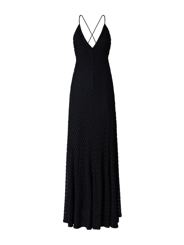 Long viscose dress with V-neck lace