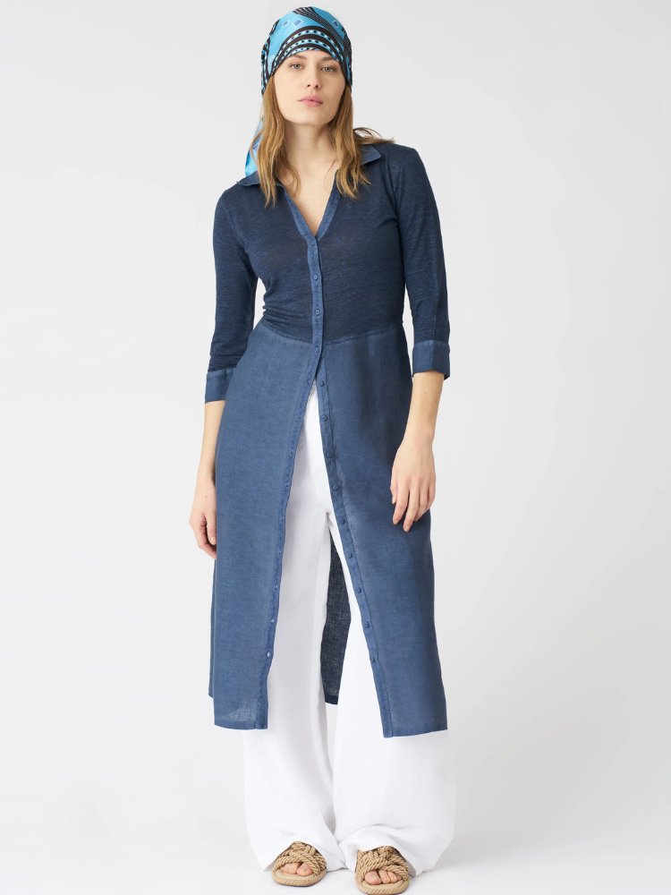 3/4 Sleeve Midi Shirt Dress  NAVY