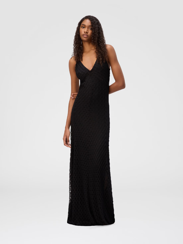Long viscose dress with V-neck lace