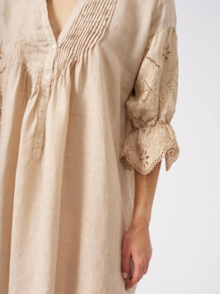 Embroided 3/4 Gathered Sleeve Short Dress  ECRU