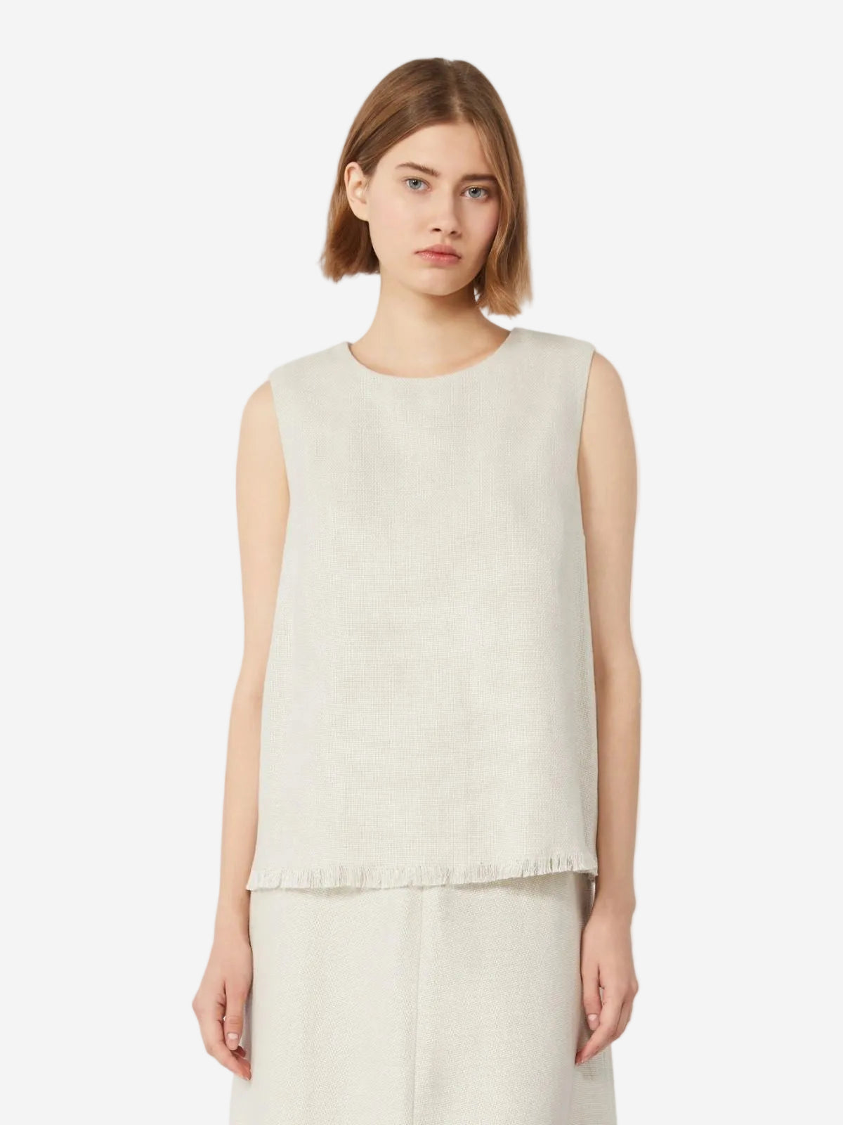 Cotton and linen basketweave top Ivory