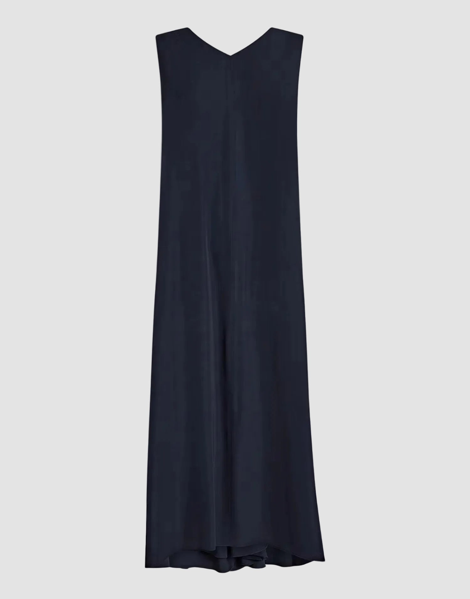 A sleeveless navy blue maxi dress with a V-neckline, shown flat against a solid white background.
