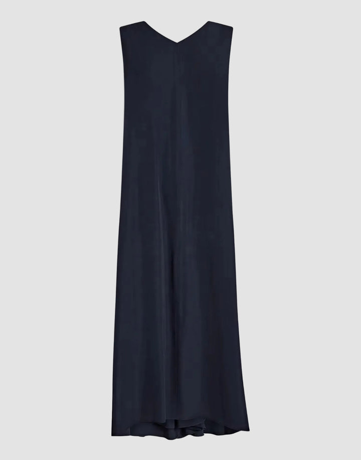 A sleeveless navy blue maxi dress with a V-neckline, shown flat against a solid white background.