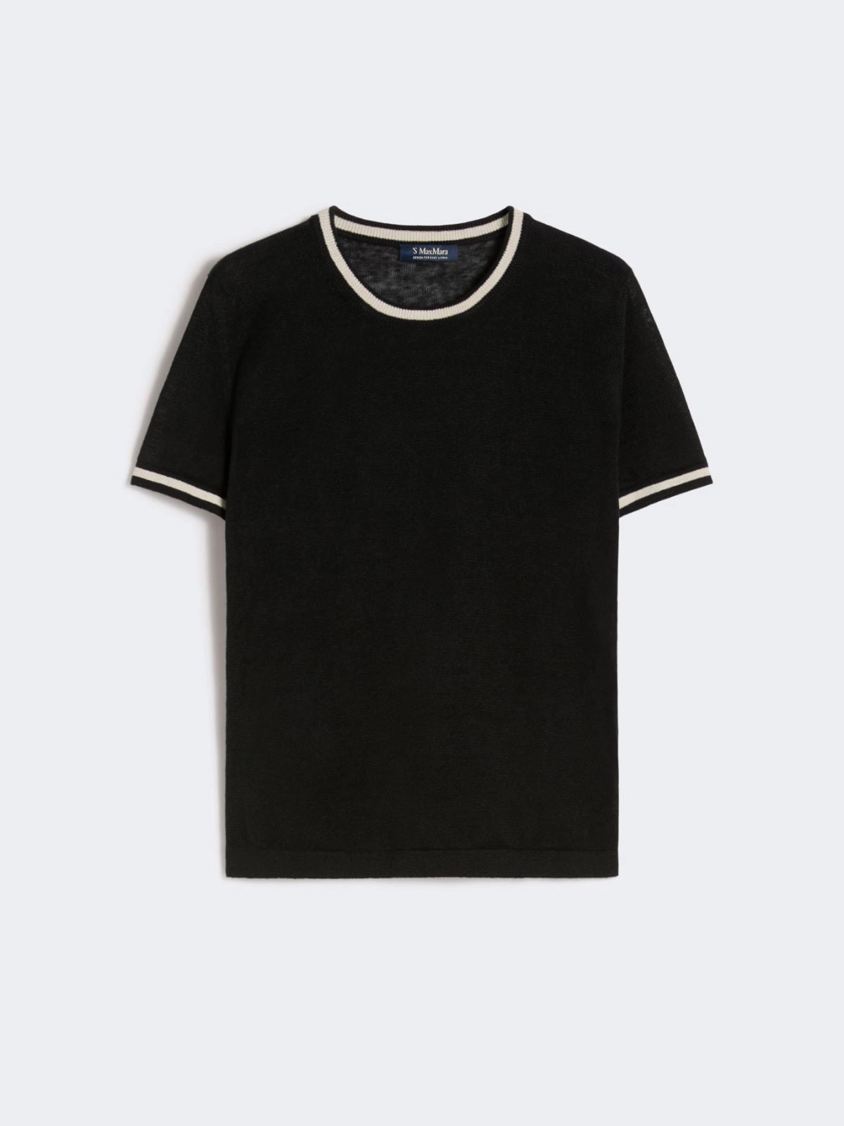 Black t-shirt with white trim on a light gray background