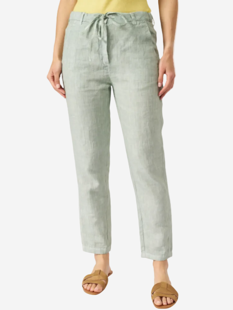 A pair of 3/4 length tapered pants in a solid green color with a tailored waistband and drawstring.