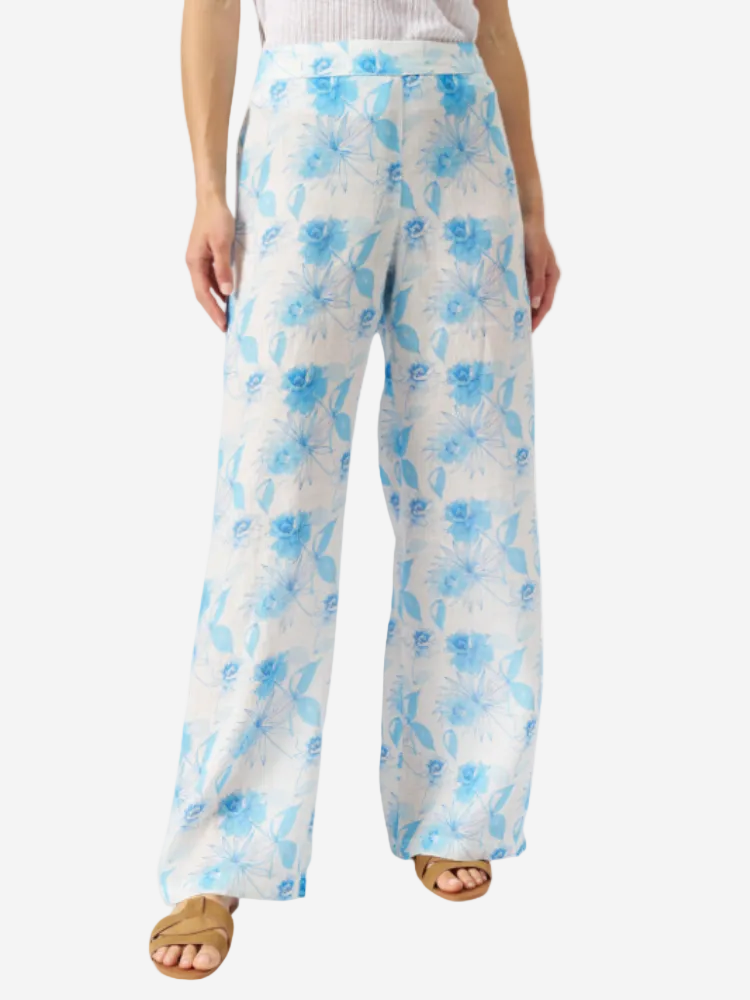 Floral Wide Leg Linen Pants  MULTI BLUE/WHITE