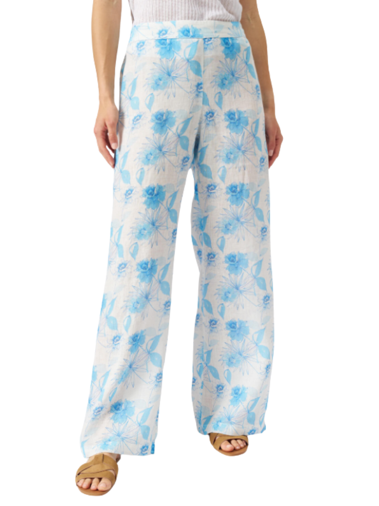 Floral Wide Leg Linen Pants  MULTI BLUE/WHITE
