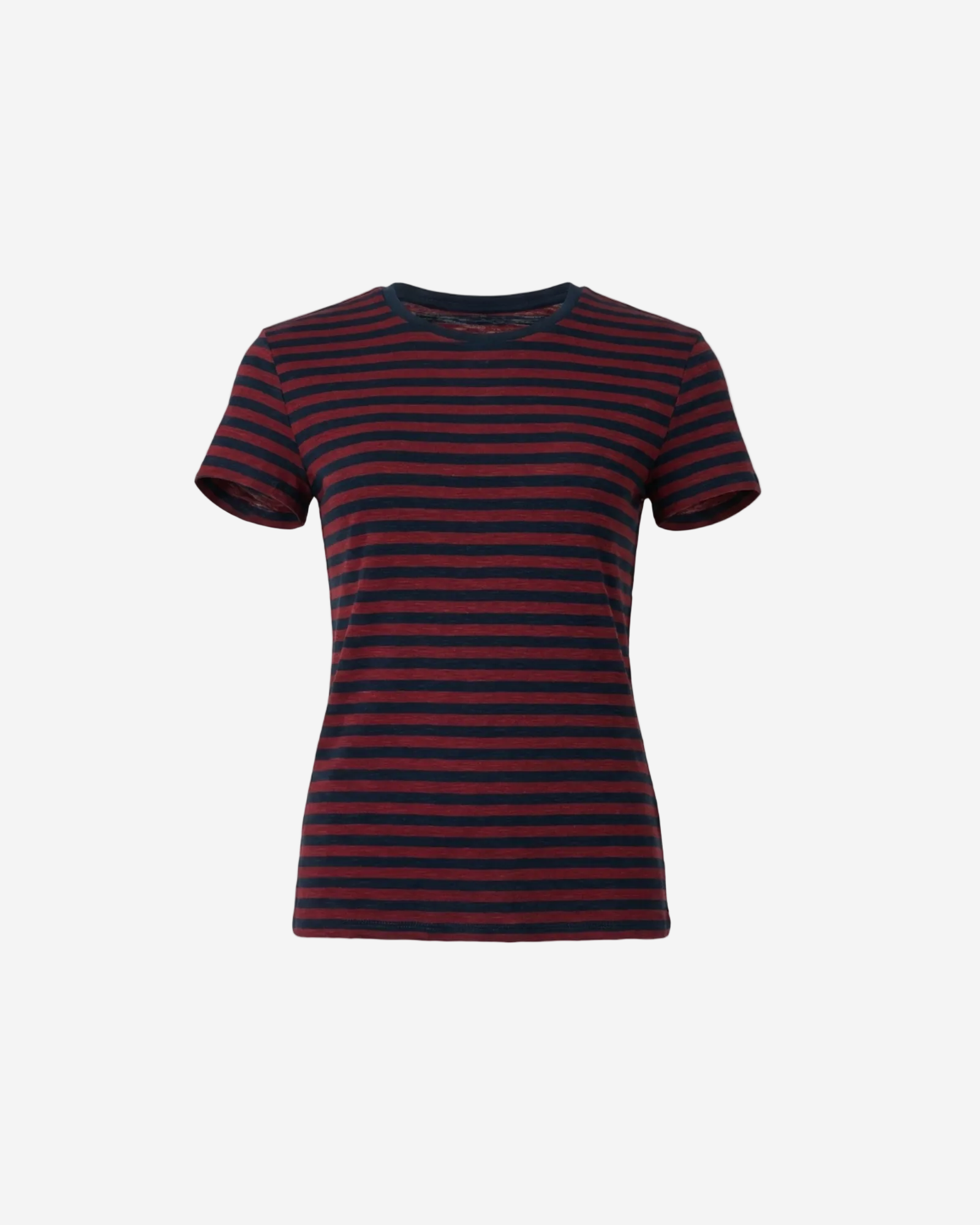Red and navy striped t-shirt on a white background