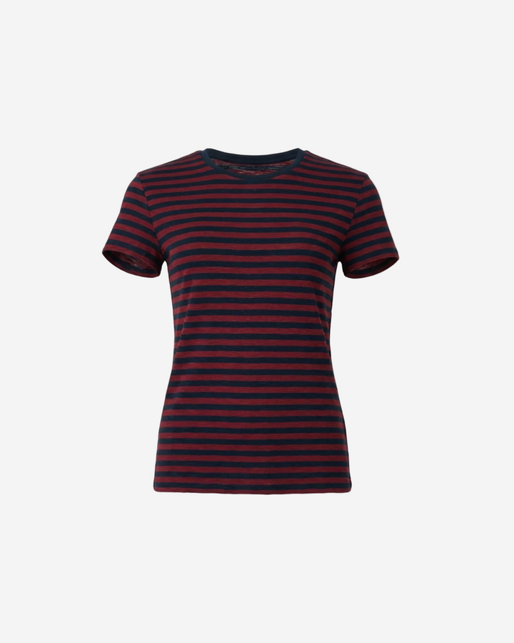 Red and navy striped t-shirt on a white background