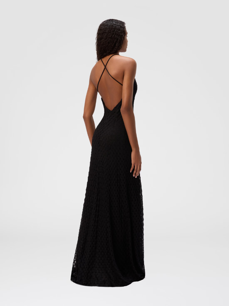Long viscose dress with V-neck lace