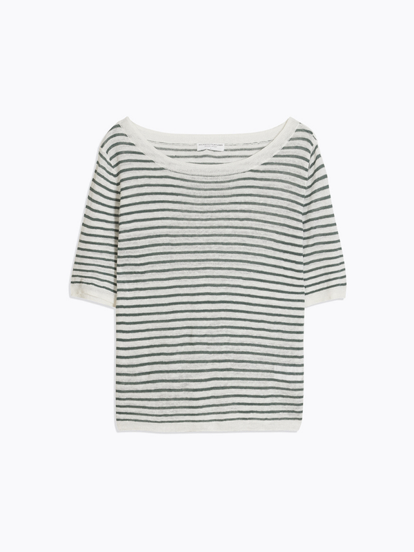Round Neck Short Sleeve Stripe Top  GREEN/WHITE