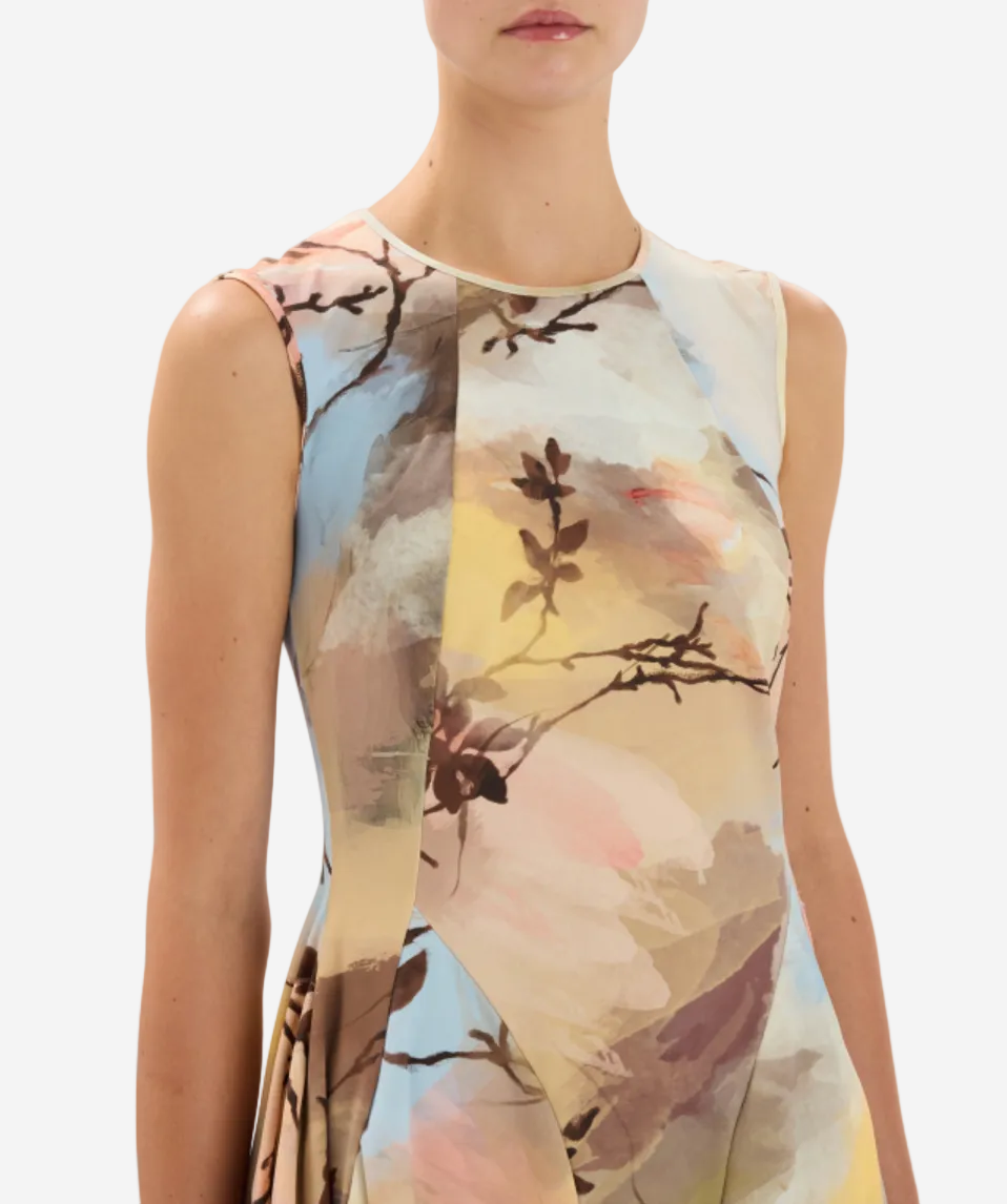 Sleeveless dress with floral pattern on a white background