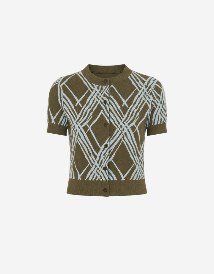Green and white patterned short-sleeve shirt on a white background