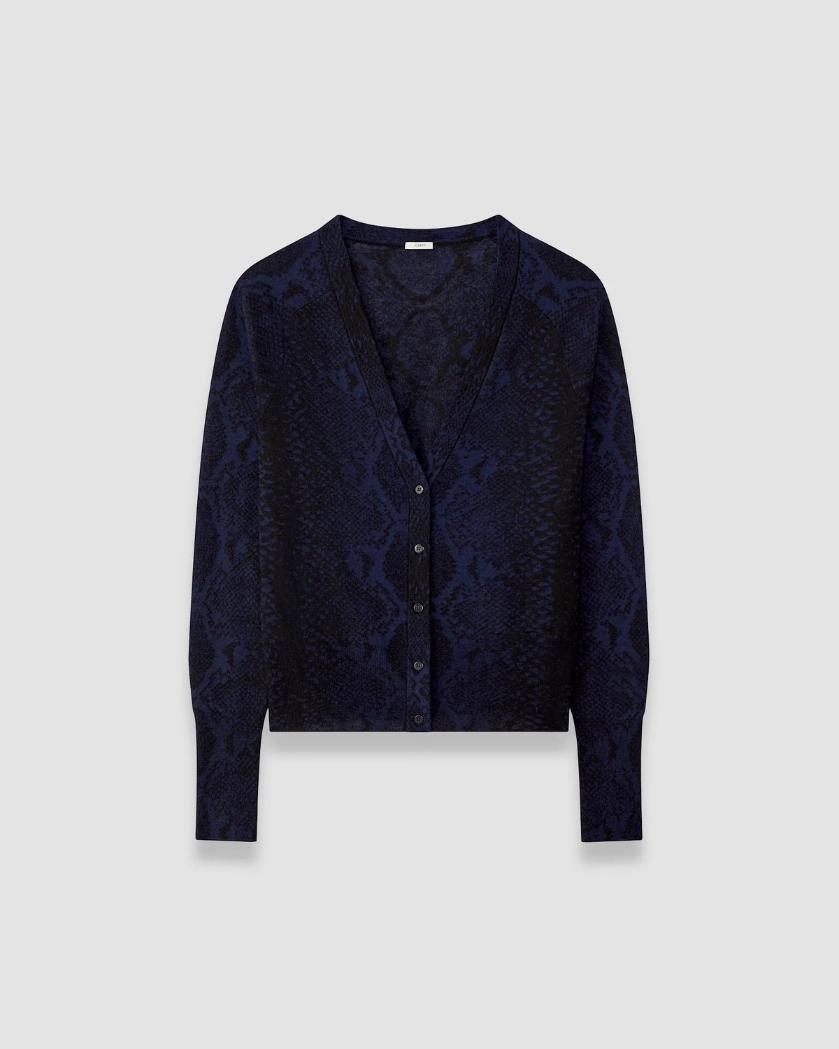 JOSEPH Aisha superfine cashmere cardigan with tonal navy and black snake jacquard, product shot