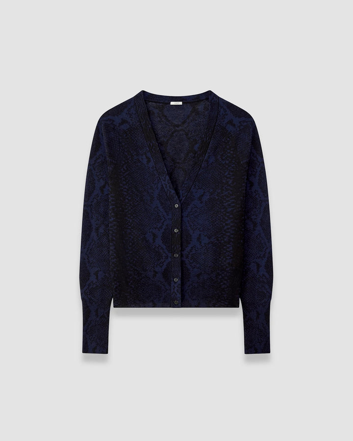 JOSEPH Aisha superfine cashmere cardigan with tonal navy and black snake jacquard, product shot