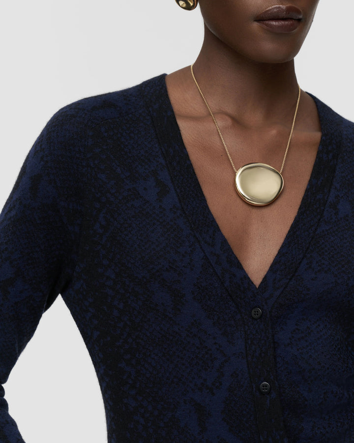 JOSEPH Aisha cashmere V-neck cardigan in Prussian blue snake jacquard, close-up at Christensen Copenhagen Sydney