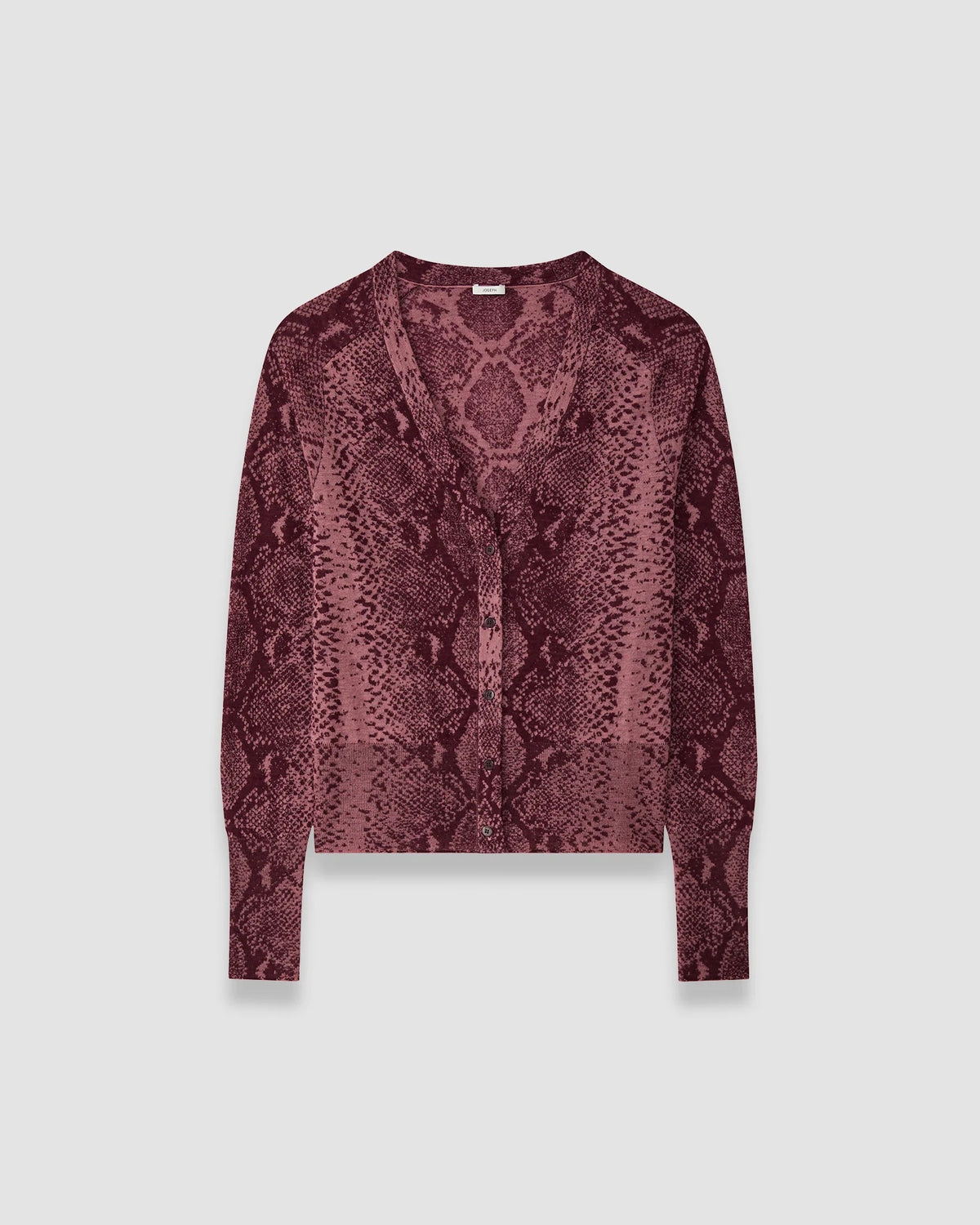 JOSEPH Aisha superfine cashmere cardigan in plum and dusty rose snake jacquard with button front, product shot