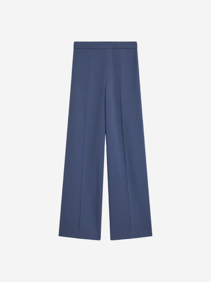 A pair of navy high-rise wide-leg trousers with a flat front and invisible side zip.