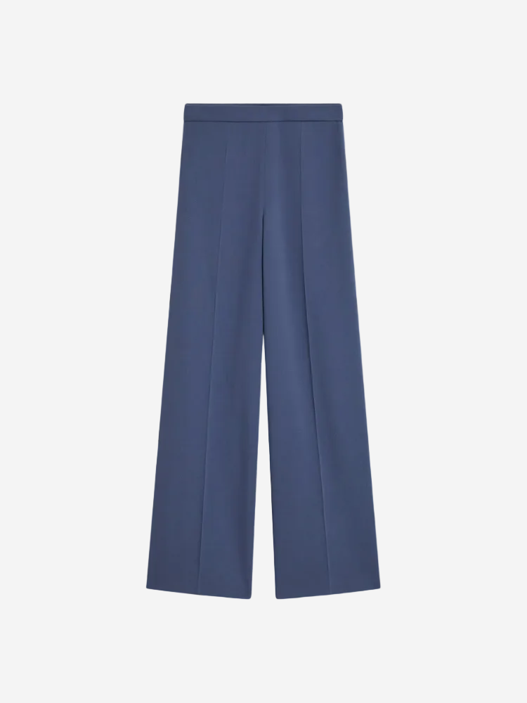 A pair of navy high-rise wide-leg trousers with a flat front and invisible side zip.