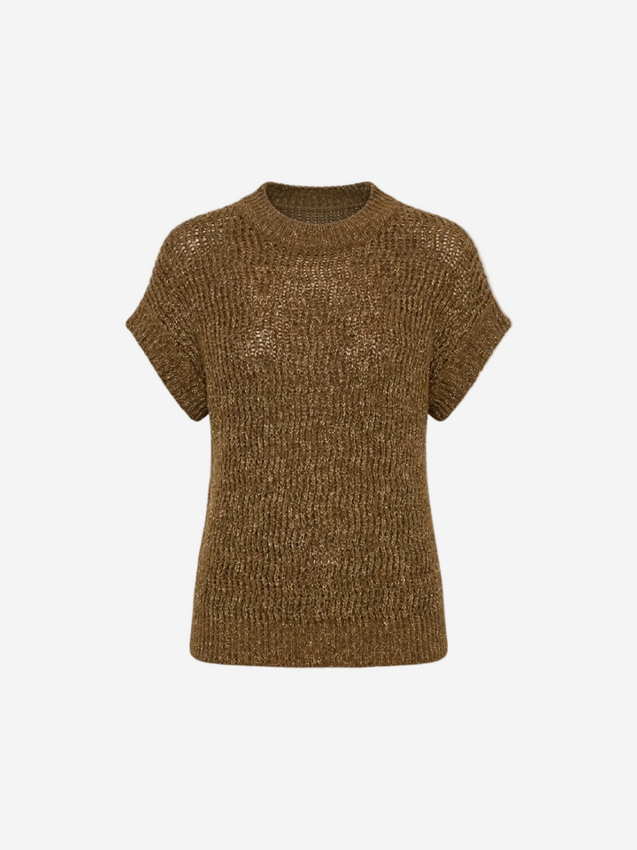 Brown knitted short-sleeve sweater on a white background