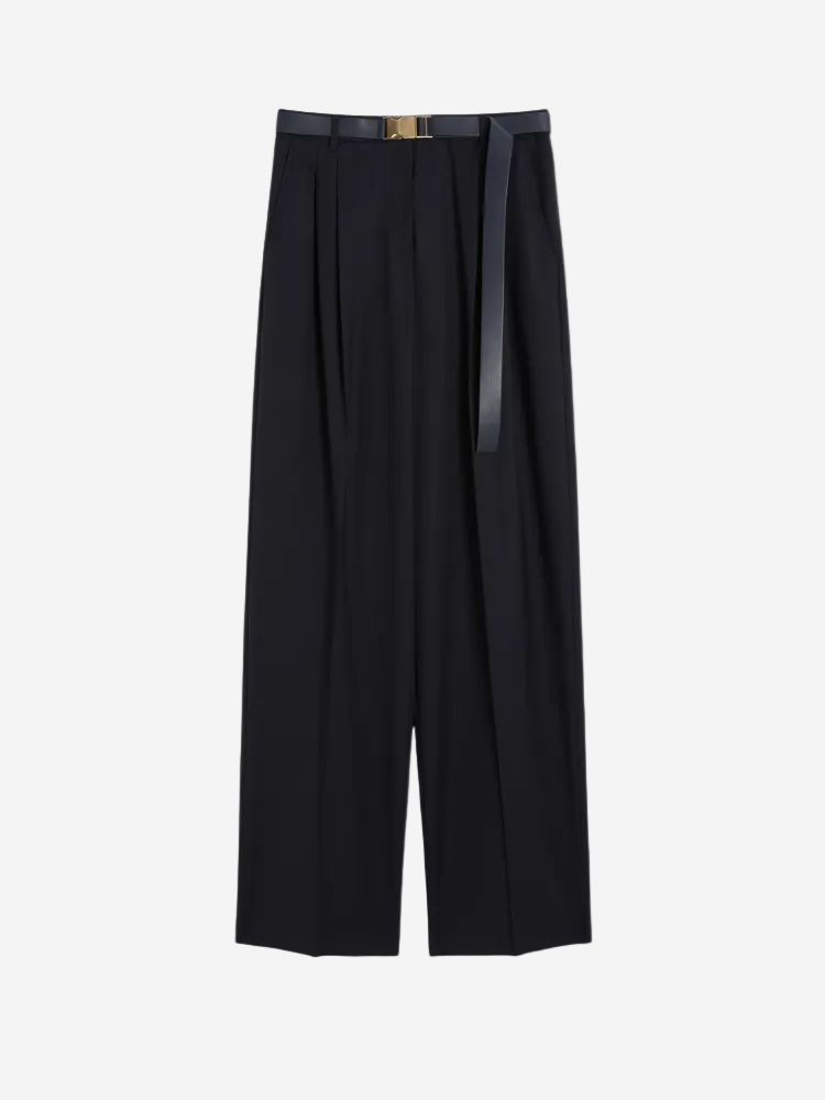 Black wide-leg pants with a belt on a white background