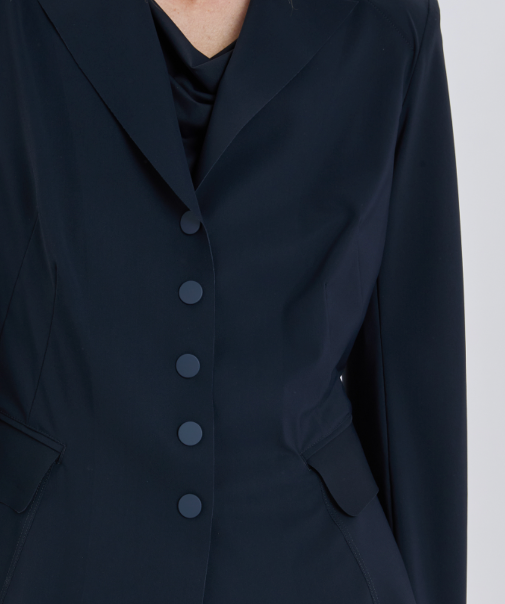 Navy blue suit jacket with buttons on a light gray background