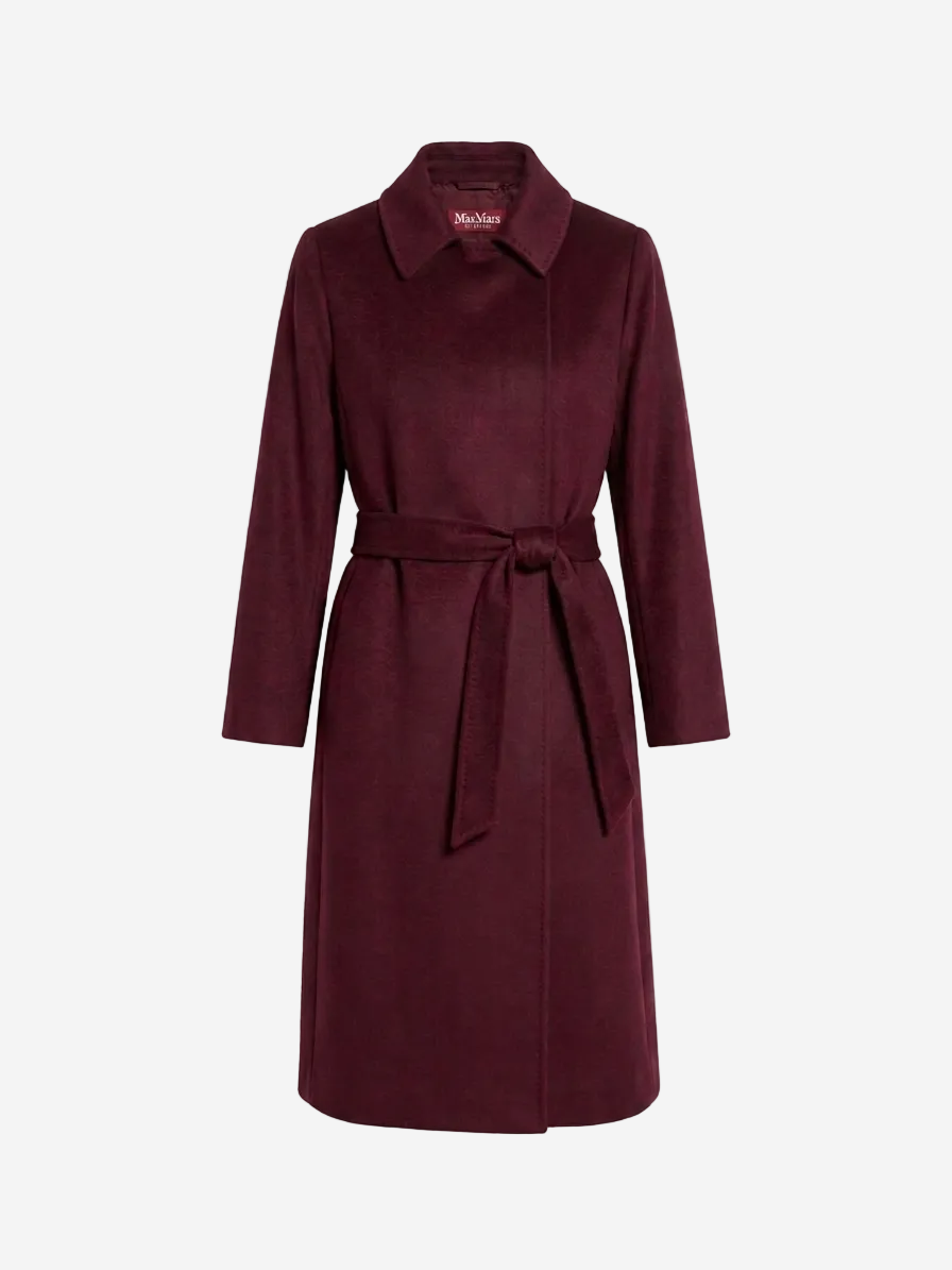 Maroon coat with a belt on a white background