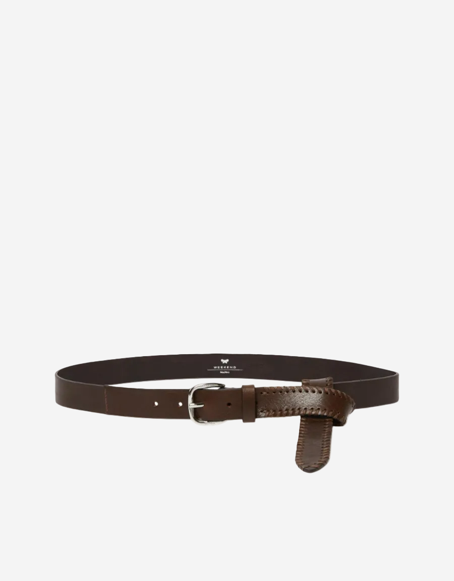 Brown leather belt with a silver buckle on a white background