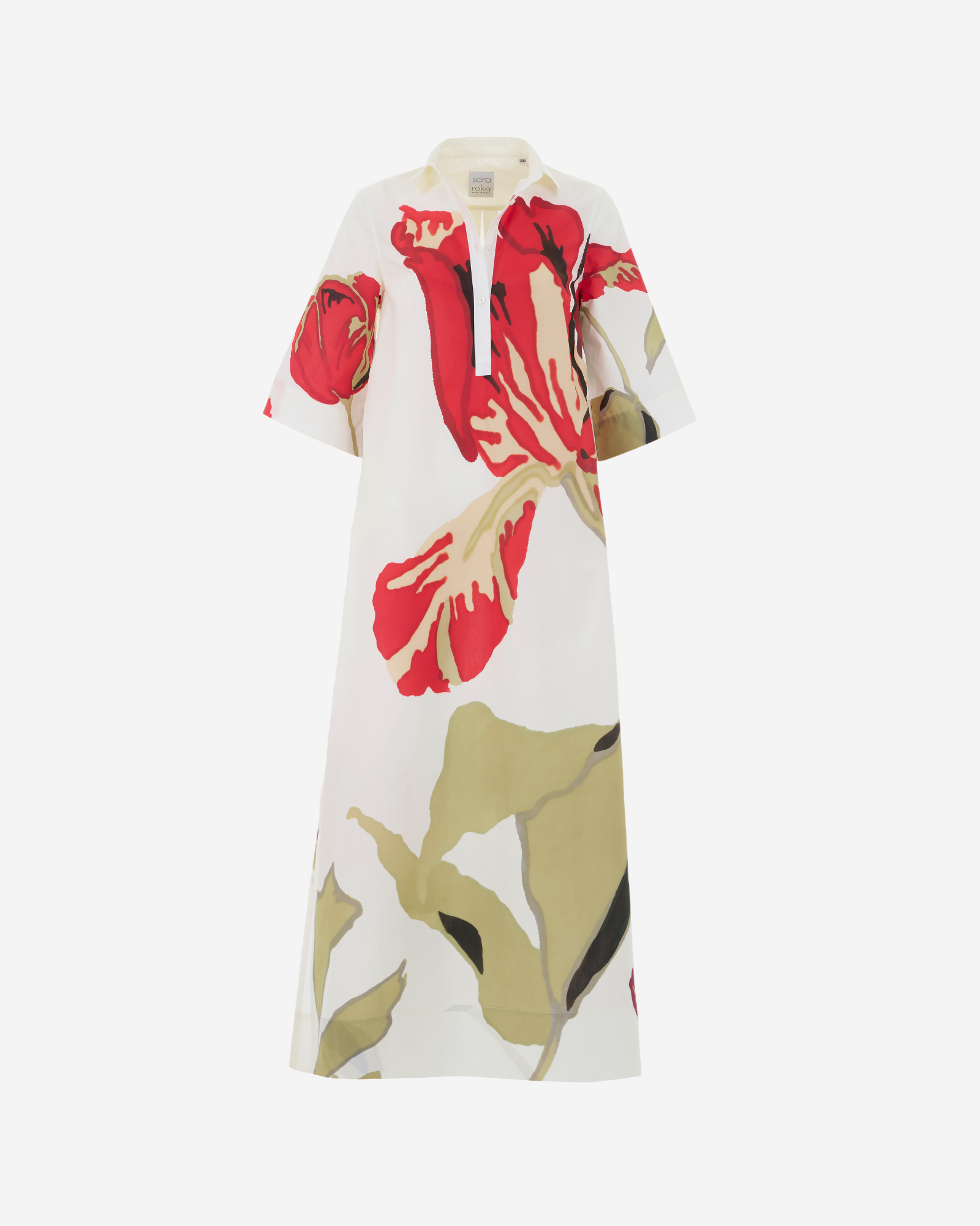 Floral dress with red and green patterns on a white background