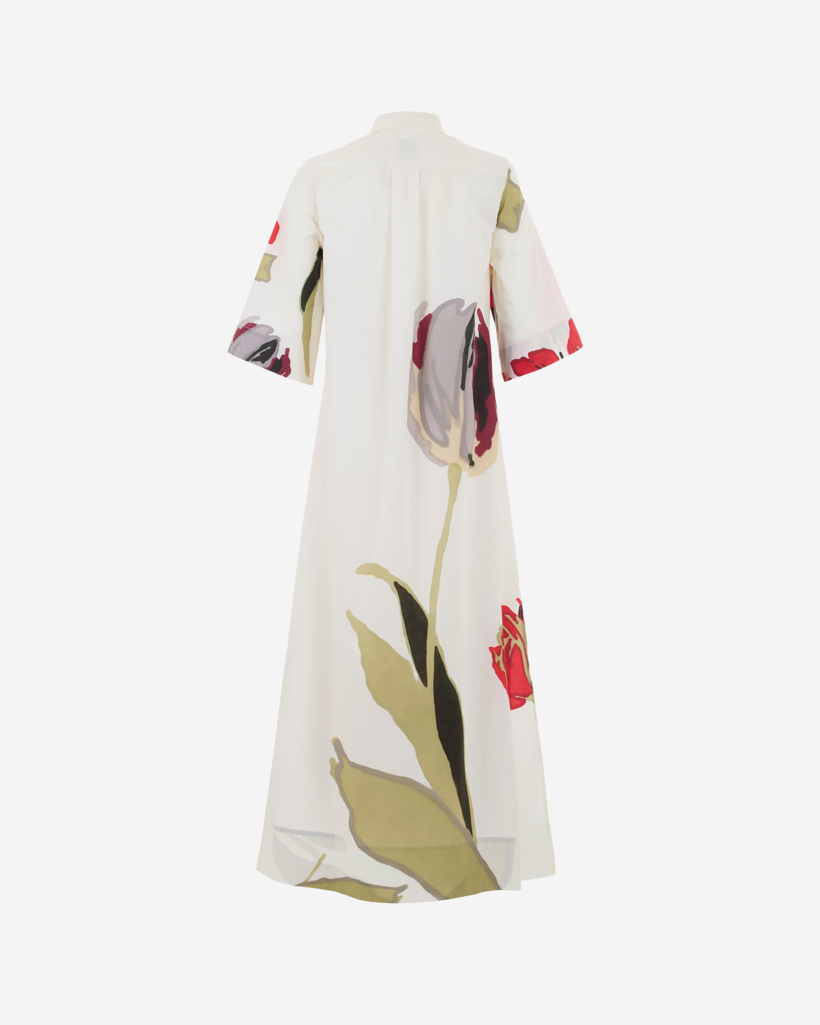 Floral dress with red and green leaves on a white background