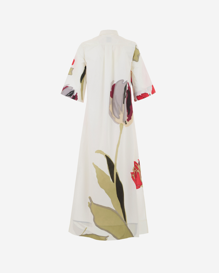 Floral dress with red and green leaves on a white background