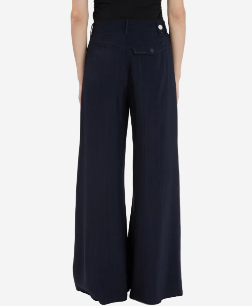 Navy wide-leg pants worn by a person on a white background