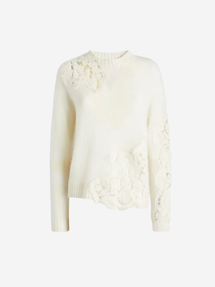 White sweater with lace details on a white background