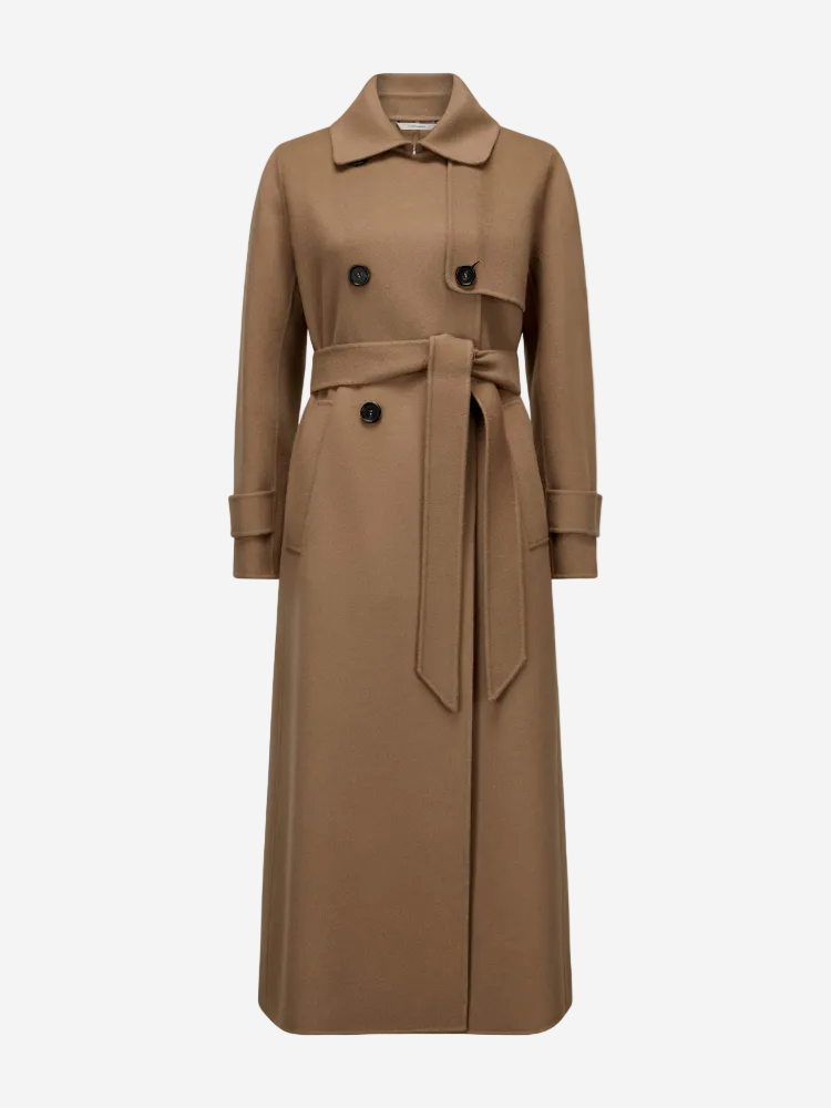 Brown trench coat with a belt on a white background