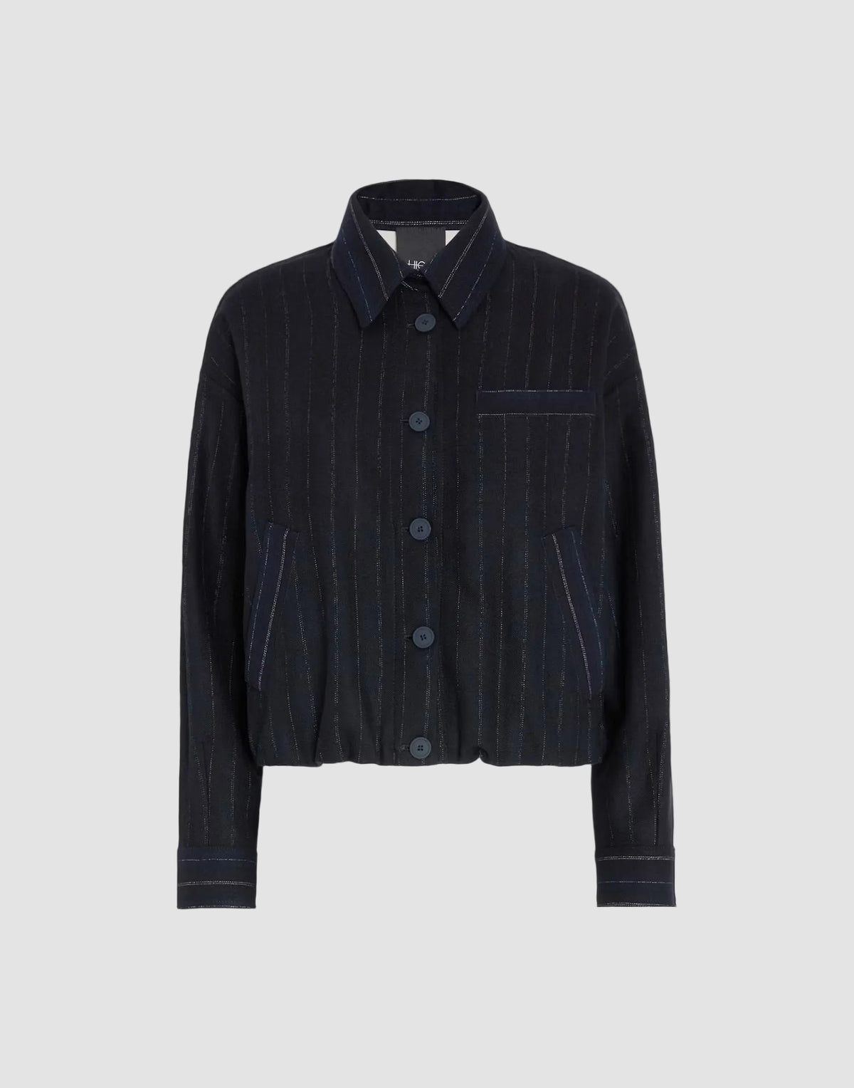 A dark navy blue cropped jacket with fine vertical pinstripes, featuring a pointed collar, button-front closure, and a chest pocket, shown against a solid black background.