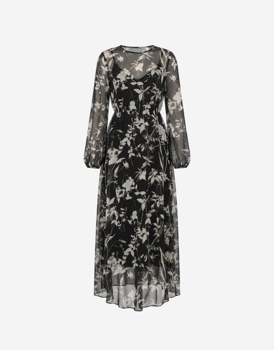 Black floral dress on a white background