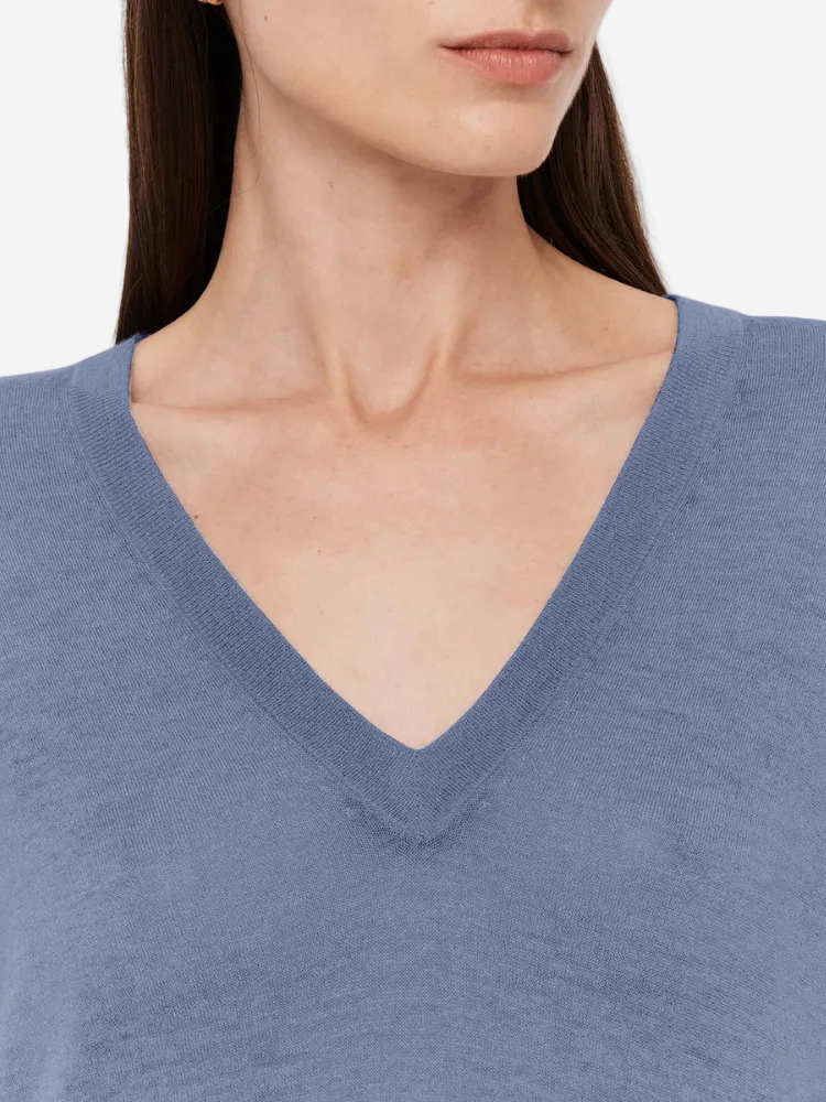 Close-up of a person wearing a blue V-neck sweater on a white background
