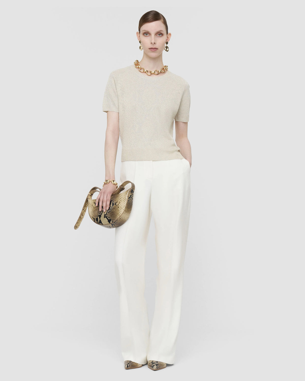 JOSEPH Char metallic knit top in champagne, styled with the JOSEPH Mitae trousers in Wax at Christensen Copenhagen Sydney
