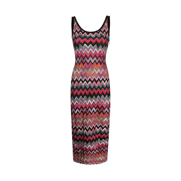 Chevron Knit Midi Dress in Red Multi