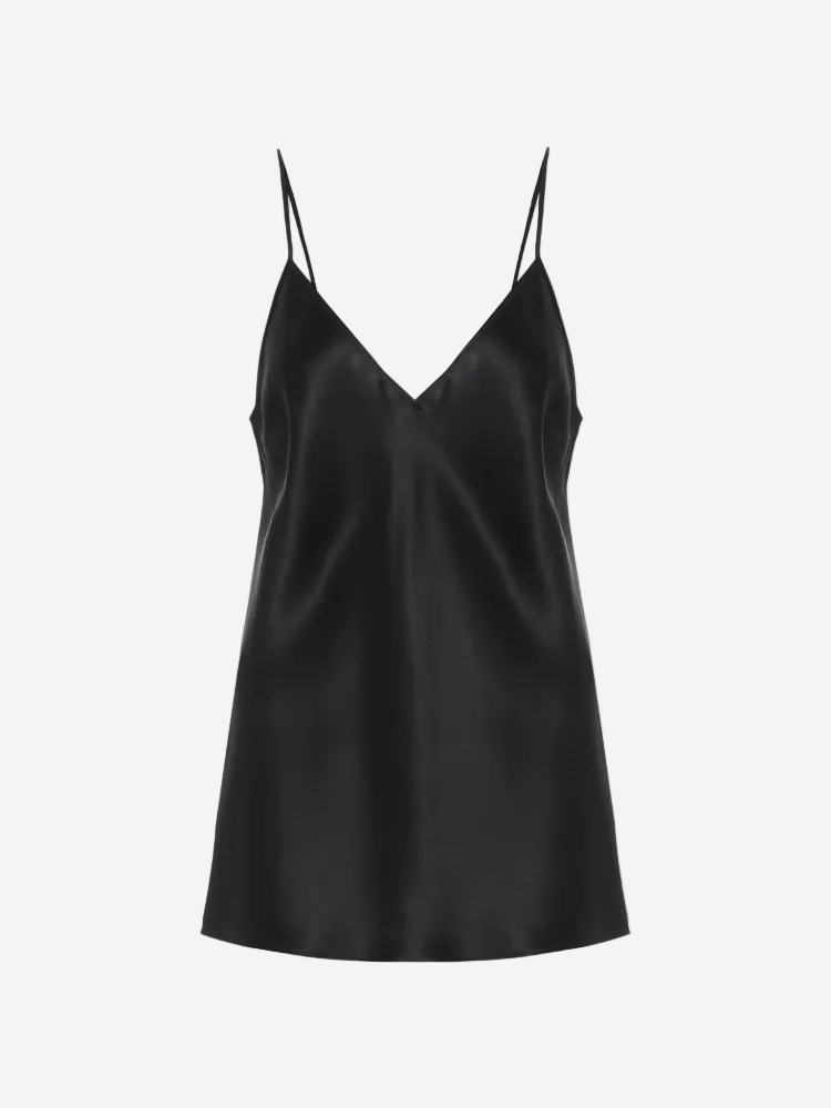 A black silk satin camisole with a V-neck and adjustable straps.